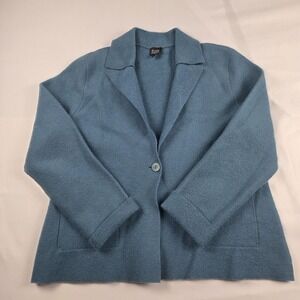 Eileen Fisher Blazer Jacket Womens Large Blue 100% Wool Knit Single Button
